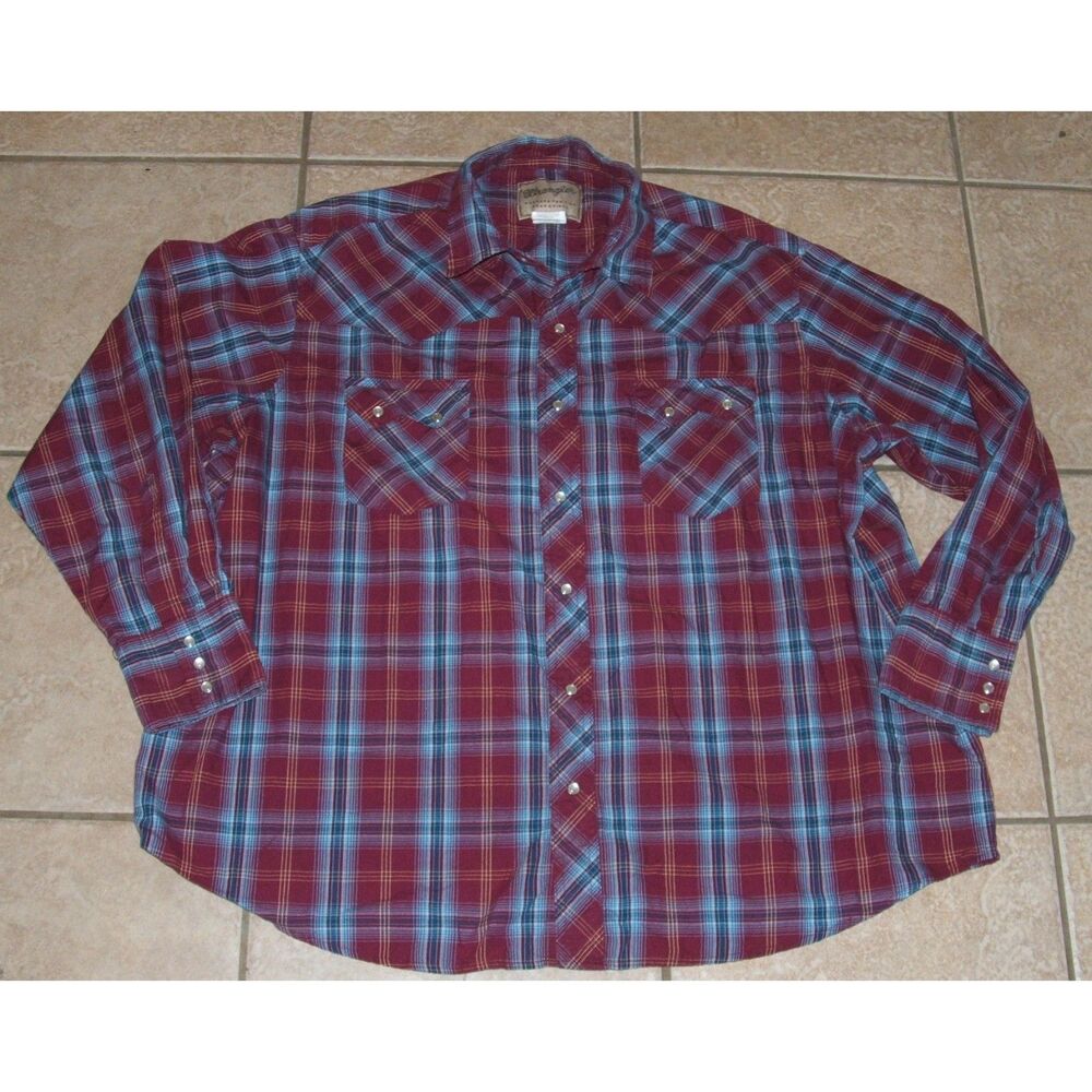 WRANGLER Mens Sz 2XL Plaid Western Style Cowboy Snap Front Long Sleeve Shirt